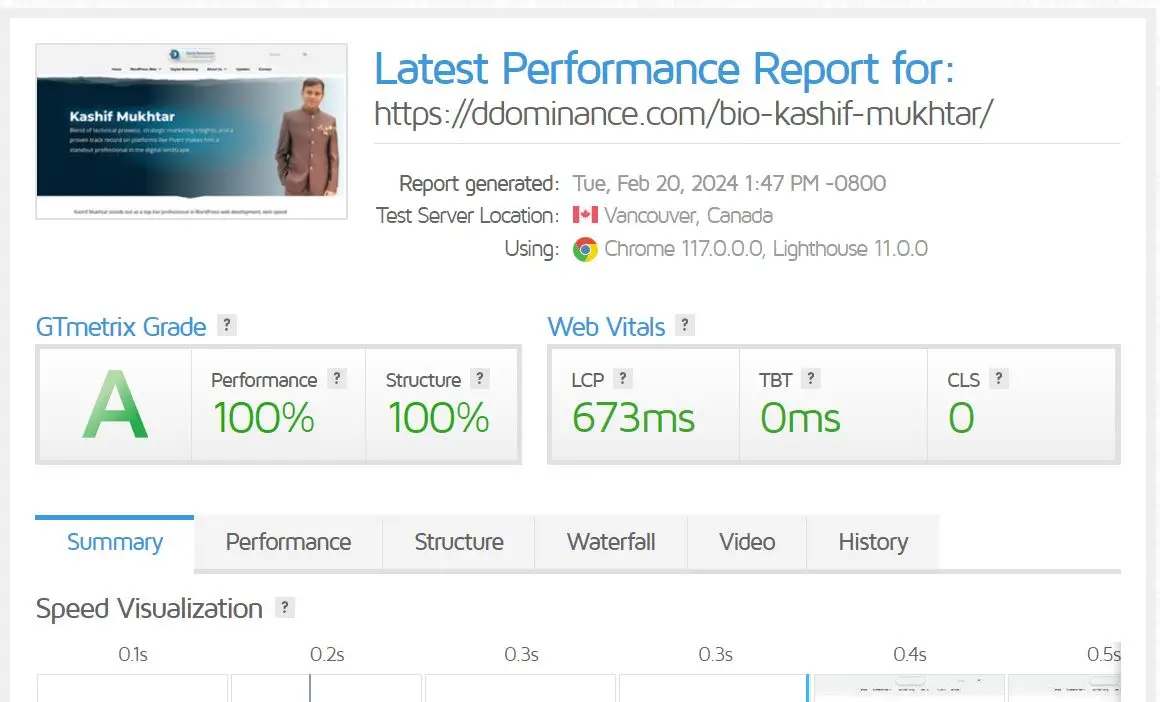 Web Speed - Gtmetrix PageSpeed report 100/100 score