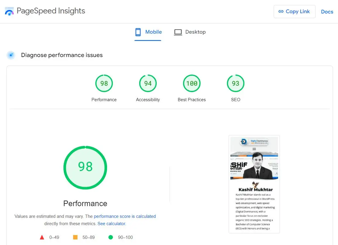 Google PageSpeed Insights Mobile Score 98
